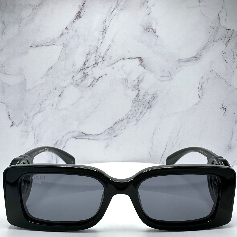 New Gucci Sunglasses Black Rectangle Square GG Logo Triple Black 54mm - Picture 2 of 16